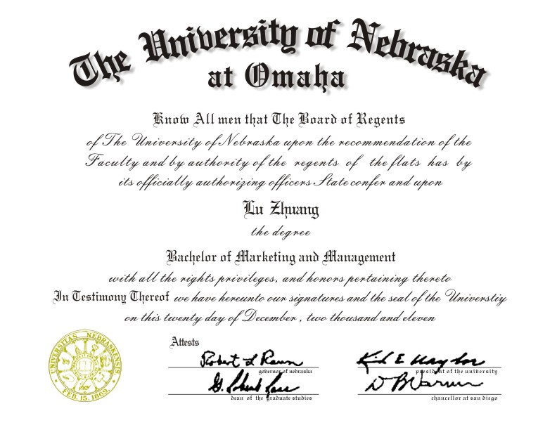 美国内布拉斯加大学奥马哈分校学位证样本|美国硕士文凭
