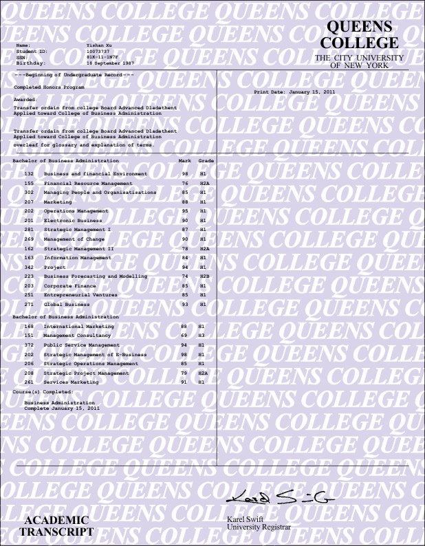 美国纽约城市大学女皇学院成绩单范本|美国本科文凭 成绩单