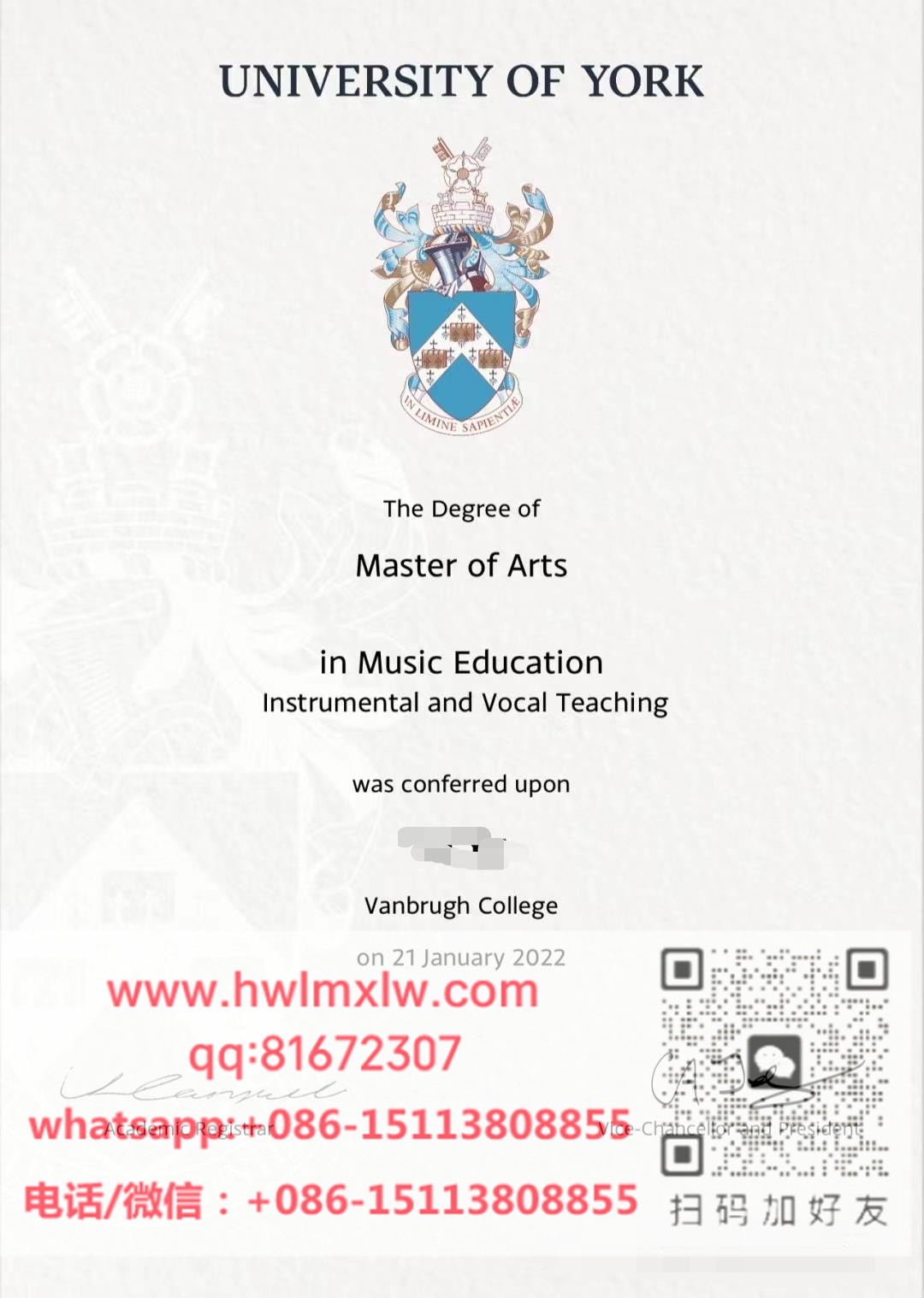 University of York Master Diploma Certificate