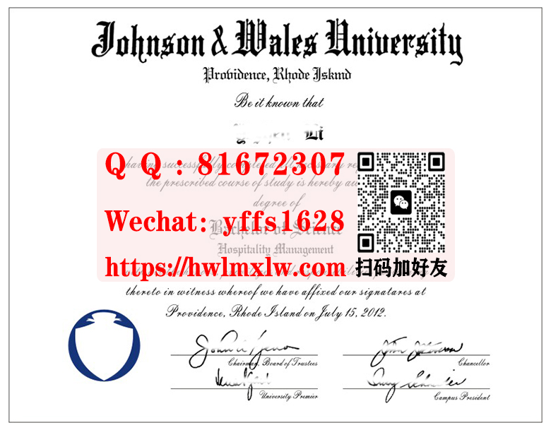 美国强生威尔士大学毕业证书样本Johnson & Wales University Bachelor Diploma Certificate